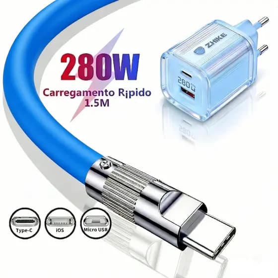 Cabo de dados de carregamento rápido tipo C V8 Micro USB iP 280W 6A 1,5M Cabo de dados Silicone líquido