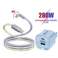 Cabo de Dados Colorido Iluminado Rotativo 280W Carregador Super Rápido Tipo C Micro V8 USB iP