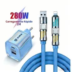 Cabo de dados 4 em 1 de 2m e 1m carregamento rápido 240W 280W 6A Tipo C Micro USB V8 carregador de silicone líquido