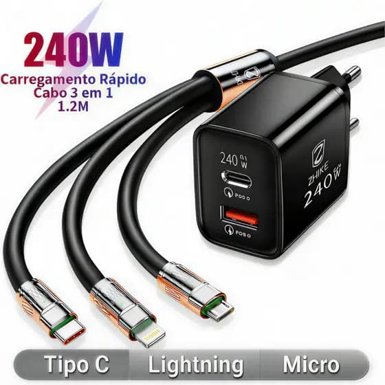Cabo de Dados 3 E 1 Carregamento Rápido 240W 280W 6A Tipo C Micro USB V8 Carregador Universal