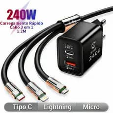 Cabo de Dados 3 E 1 Carregamento Rápido 240W 280W 6A Tipo C Micro USB V8 Carregador Universal