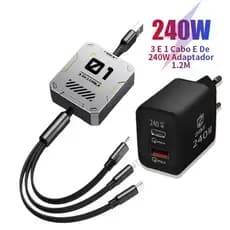 Cabo Retrátil de Carregamento Rápido 3 em 1 1.2m com Interfaces Type C Micro USB V8 para Dispositivos Móveis