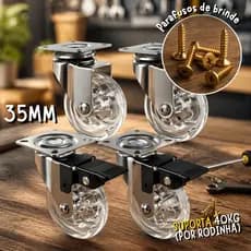 Rodízio Giratório 35mm PU Cristal Transparente Kit 4 Com e Sem Freio Trava Parafusos 40kg Móveis