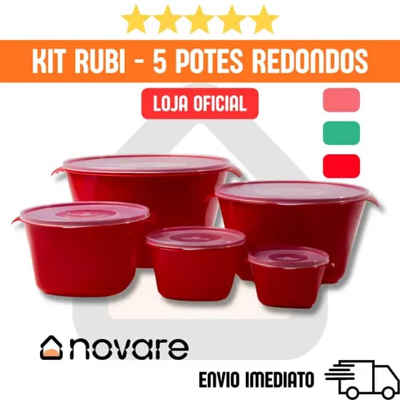 Conjunto Rubi - 5 Potes Plásticos Redondos com Tampa Acquamar | 500ml a 10L | Multiuso | Novare