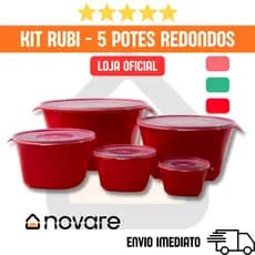 Conjunto Rubi - 5 Potes Plásticos Redondos com Tampa Acquamar | 500ml a 10L | Multiuso | Novare
