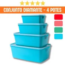 Conjunto 4 Potes Plásticos com Tampa | 800ml a 5L | Empilháveis Diamante Acquamar | Novare