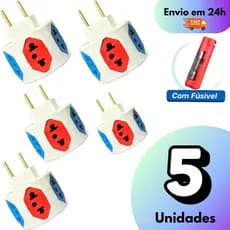 Adaptador de Tomada c/ 6 Entradas 10A/20A Pino Maciço Resistente Com Fusível Tomadas Coloridas Esfera