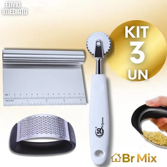 Jogo Cortador de Massas + Espátula Raspadeira e Amassador de Alho Inox Utensílios Pizzaria