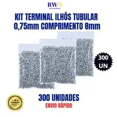 KIT 3 PACOTES TERMINAIS ELETRICOS TUBULAR ILHÓS 0,75mm COMPRIMENTO 8mm