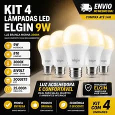 Kit 4 Lâmpadas LED Elgin 9W 3000K Luz Branca Morna Bivolt E27 Bulbo A60 Econômica Alta Durabilidade