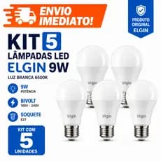 LÂMPADA LED ELGIN 9W BULBO  KIT 5 UNIDADES LUZ BRANCA FRIA 6500K BIVOLT E27 ECONÔMICA PARA SALA,COZINHA, ESCRITÓRIO.