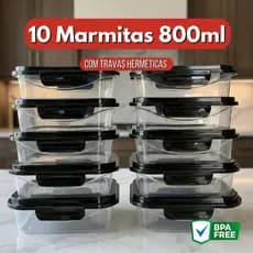 Kit Marmita 10 Potes 800ml Trava Pretas Hermeticas Marmita Fitness Congelador Microondas Rotina