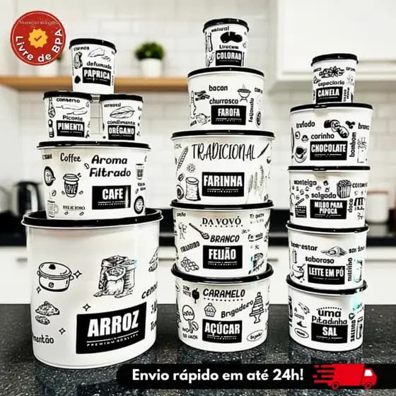 Kit 15 Potes Personalizado Decorado de Plastico Tapuer - Porta Mantimentos/Alimento