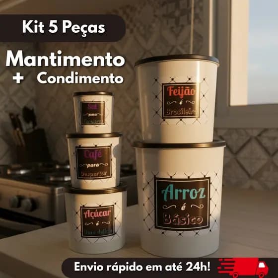 Kit Mantimentos Jogo 5 peças Pote Redondo de plástico Armazenamento de alimentos