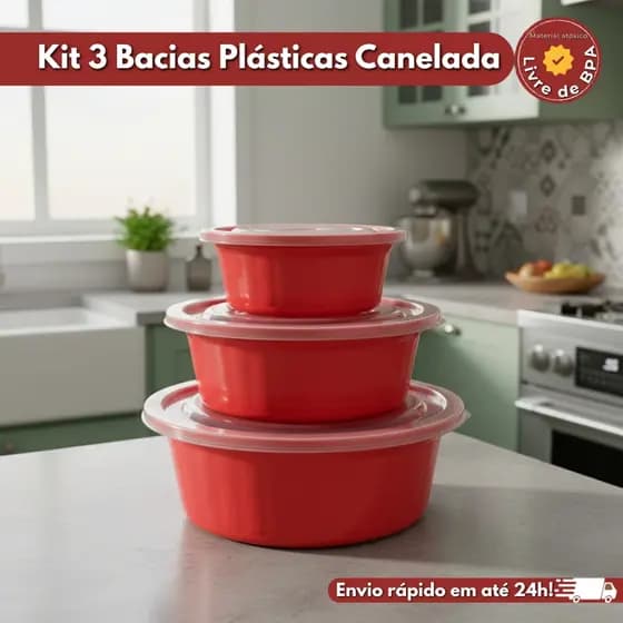 Kit Jogo 3 Bacias de Plastico Caneladas Color Armazenamento Casa Cozinha