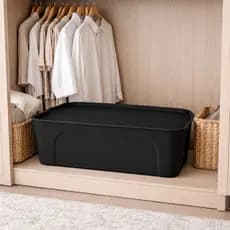 Caixa Organizadora 18L Multiuso C/Tampa Empilhável Resistente Preta Utensílios Roupas Casa