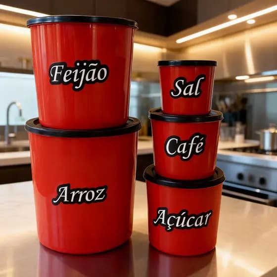 Kit Jogo 5 peças Mantimentos Redondo de plástico Decorado Frases Armazenamento de alimentos Casa