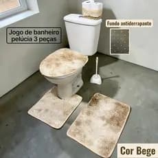 Jogo de Banheiro Pelúcia 3 Peças Antiderrapante Capa Vaso + Tapetes Luxo Macio