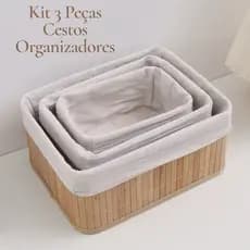 Kit 3 Cestos Organizadores com Forro ou Cesto de Roupa Suja de Bambu com Tampa
