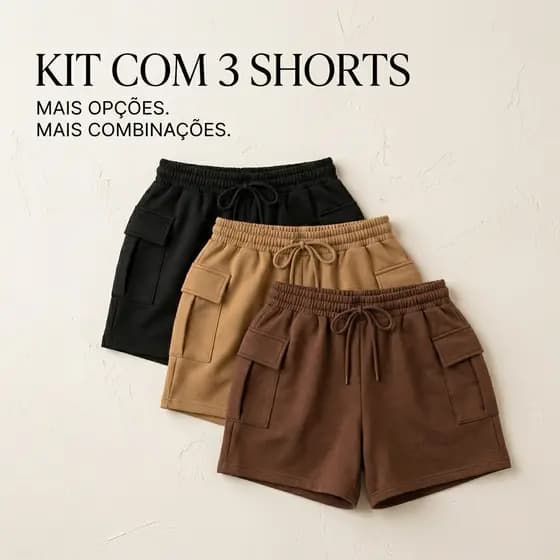 Kit 3 Short Cargo Feminino Em Moletinho Com Bolsos Laterais Cordão Ajustável Casual Moderno