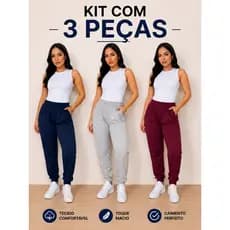 Kit Com 3 Calças Feminina Moletinho Jogger Com Elástico Na Cintura E Bolsos Laterais