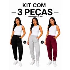 Kit 3 Calças Jogger Feminina De Moletinho Com Punho Ribana Casual E Confortável Lisa