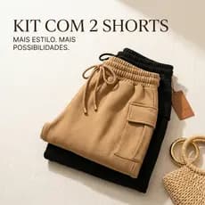 Kit 2 Short Cargo Feminino Em Moletinho Com Bolsos Laterais Cordão Ajustável Casual Moderno