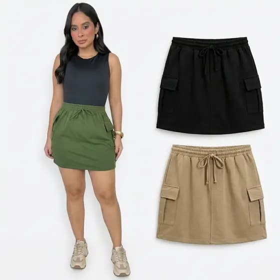 Kit 2 Saias Cargo Feminina Em Moletinho Com Bolsos Laterais Cordão Ajustável Casual Moderna