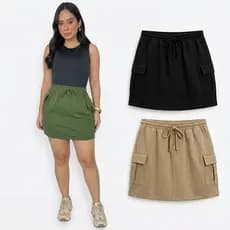Kit 2 Saias Cargo Feminina Em Moletinho Com Bolsos Laterais Cordão Ajustável Casual Moderna