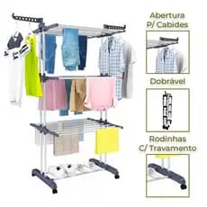 Varal Torre 3 Andares Aço Inoxidável Retratil Compacto 4 Rodas Prático