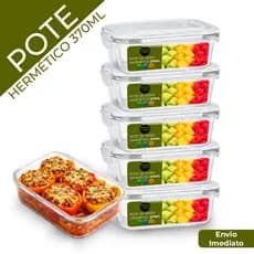 Jogo Potes de Vidro 370ml Hermético Marmita Tampa 4 Travas Fitness