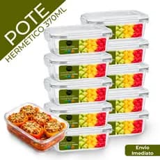 Kit Potes Vidro 370ml Hermético 4 Travas Marmita Premium Fitness