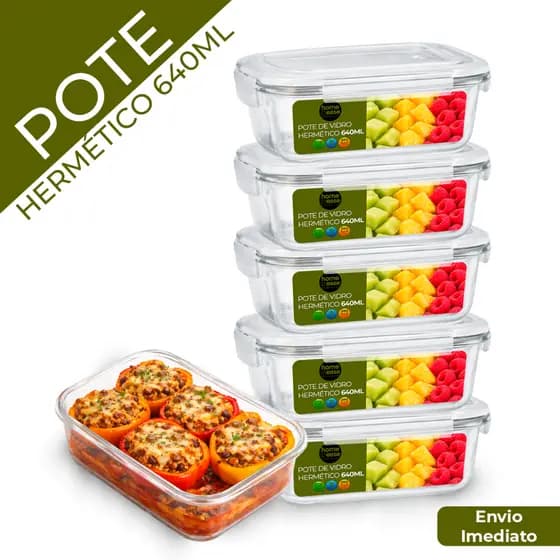 Conjunto Potes Vidro Hermético Mantimentos Marmita 640ml
