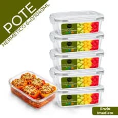 Conjunto Potes 640/1040ml Vidro Hermético Marmita Com 4 Travas Fitness