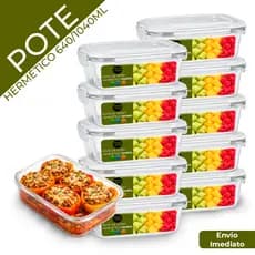 Conjunto Potes 640/1040ml Vidro Hermético Marmita Com 4 Travas Fitness