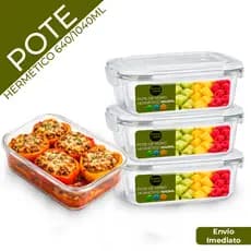 Conjunto Potes  640/1040ml  Vidro Hermético Marmita Com 4 Travas Fitness