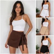 Short Saia Alfaiataria Feminino com Zíper e Laço Cintura Alta