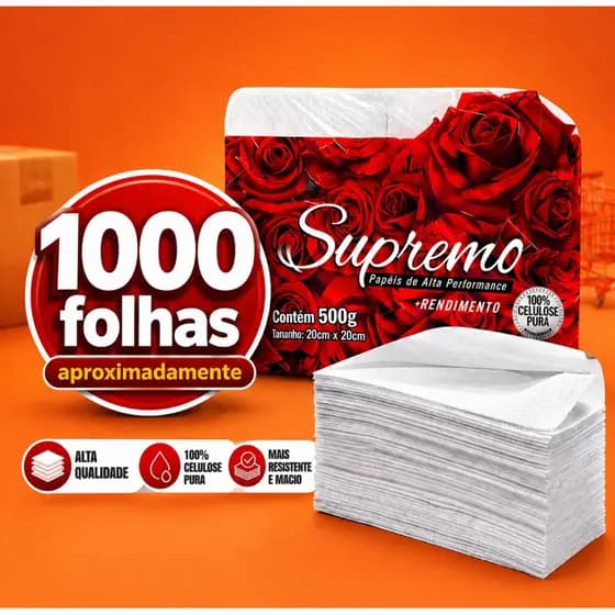 Papel Toalha Interfolhado Supremo 2 Dobras Extra Branco 20x20cm 1000 Folhas Enxuga Bem Para Empresa,Restaurante e Casa
