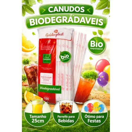 Canudo Biodegradável Diametro  5mm e 25cm Altura Goldenplast Pacote 100 Unidades – Canudo para Suco e Refrigerante
