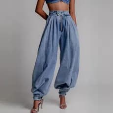 Calça Jeans feminina cintura alta com zíper e cordão solta Casual retrô 5.17