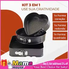 Kit 3 Formas Para Bolo Torta (Coração e Quadrado) Com Fundo Removível Antiaderente Aço Carbono Preto