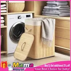 Cesto de Armazenamento em Bambu 50L para Roupa Suja, Cesto Grande com Tecido Forrado, Organizador de Quarto e Banheiro