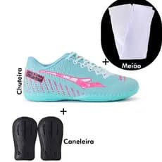 chuteira futsal new fiber + caneleira + meiao de brinde, sola colada e costurada