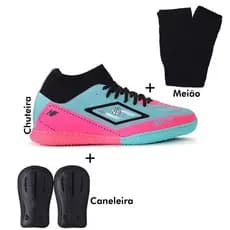 CHUTEIRA FUTSAL QUADRA DE CIMENTO E QUADRA SOÇYET SOLA E COLADA KIT COMPLETO CANELEIRA E MEIAO
