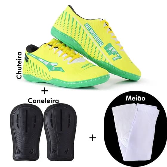 tenis e futsal new faiber amarela cores da copa sola colada e costurada kit completo tenis futsal, caneleira e meiao