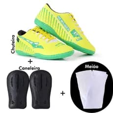 tenis e futsal new faiber amarela cores da copa sola colada e costurada kit completo tenis futsal, caneleira e meiao
