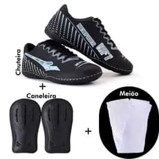 tenis esportivo futsal new fiber quadra de cimento ante derrapante mais caneleira mais meiao de brinde