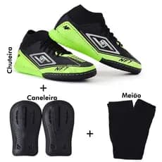 CHUTEIRA FUTSAL CANO MEDIO, MEIA CAICE FACIL NEW FIBER SOLA COLADA ECOSTURADA KIT COPLETO CHUTEIRA CANELEIRA E MEIAO