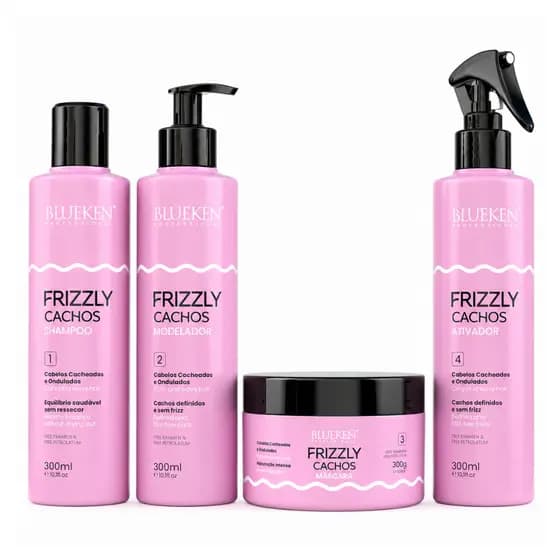 Kit Cachos Blueken 4 Produtos Shampoo Máscara Modelador Ativador Anti Frizz 300ml ORIGINAL