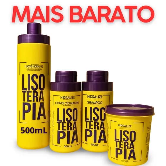 Kit 4 em 1 Progressiva Lisoterapia Sem Formol 500mL Shampoo Condicionador Máscara Reconstrutora